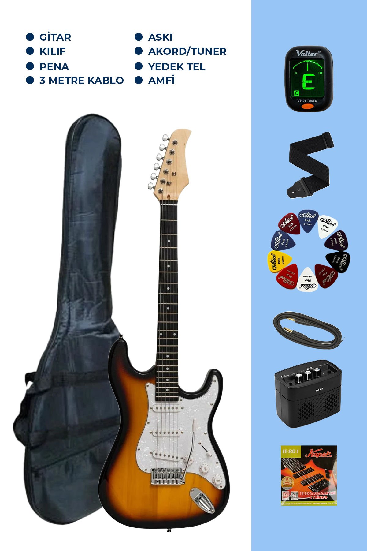 Rodeo Eg711 Yeni Başlayanlar İçin Amfi Dahil Elektro Gitar Seti Sunburst